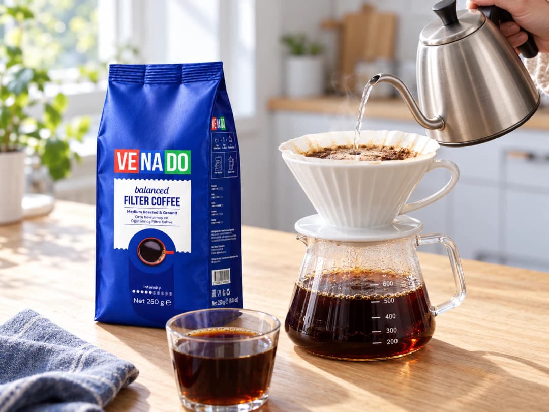 Sabah ışığında Venado Balanced filtre kahve 250 g ambalajı ve V60 ile filtre kahve demleme