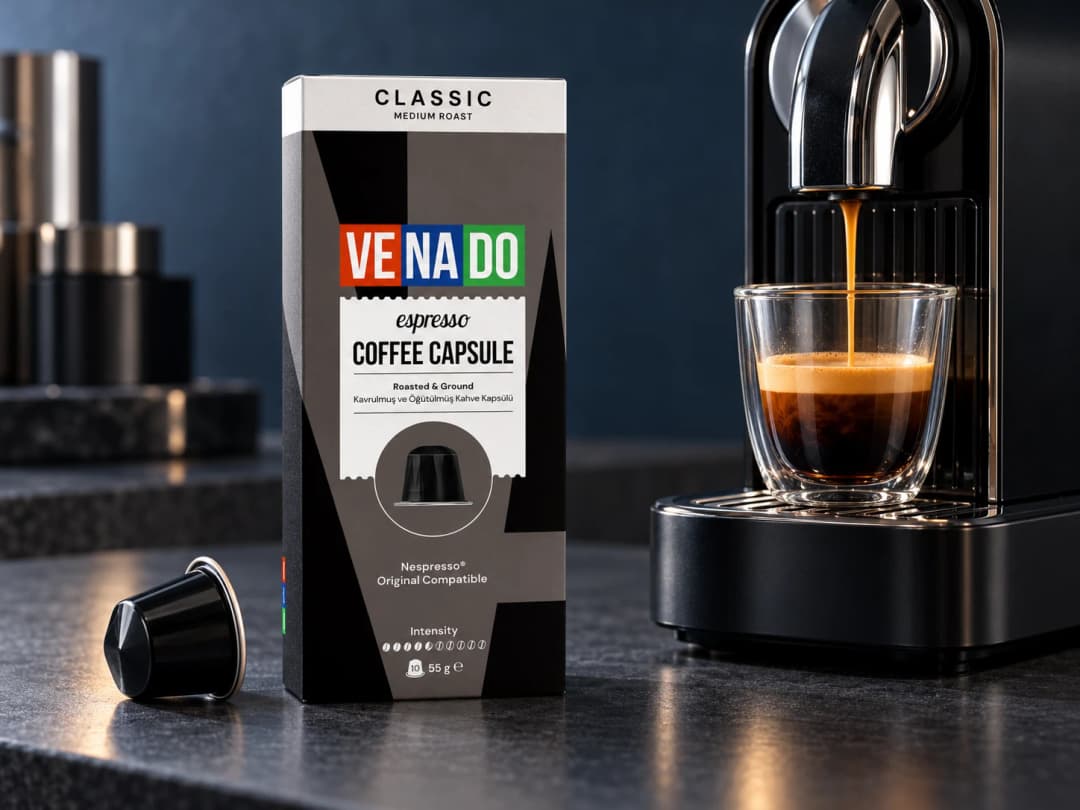 Venado Classic 10’lu kapsül kahve kutusu ve kapsül makinesinden cam fincana akan espresso